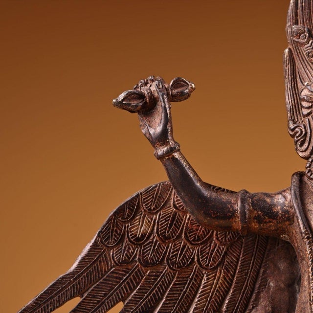 Brown Late 19th Century Tibetan Gilt Bronze Garuda Statue Winged Deity Altar Sculpture 11.2" For Sale - Image 8 of 10