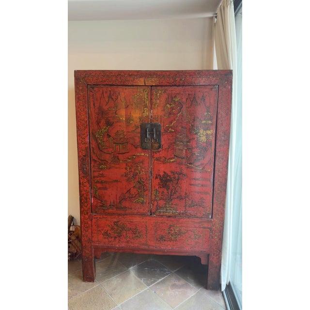 Late 19th Century Red Antique Chinese Chinoiserie Style Wedding Cabinet For Sale - Image 12 of 12