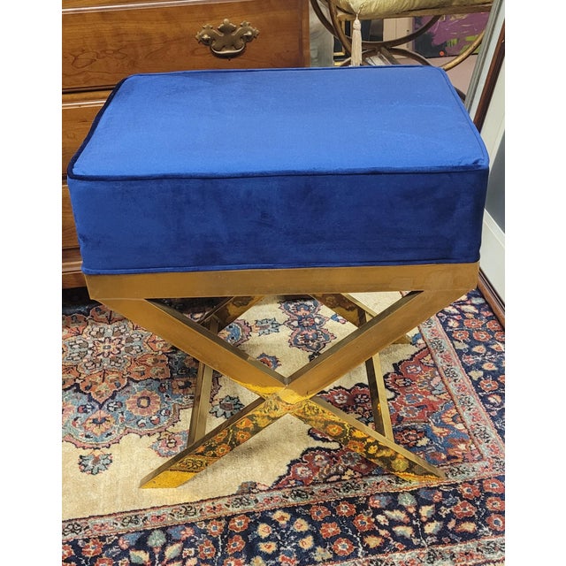 Pair Brass X Stools in Blue & Gold For Sale In Philadelphia - Image 6 of 9