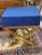 Pair Brass X Stools in Blue & Gold For Sale In Philadelphia - Image 6 of 9