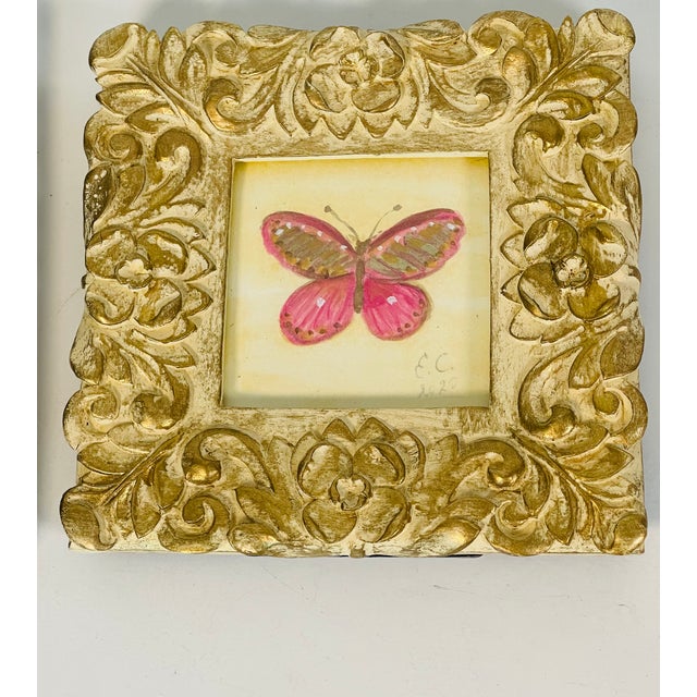 Abstract 1970s Small Pink Lady Butterfly Original Paintings - Set of 2 For Sale - Image 3 of 5