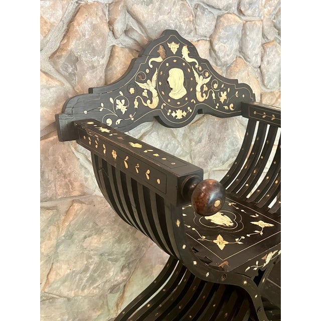 19th-Century Antique Italian Renaissance Revival Inlaid Bone Savonarola Chair For Sale - Image 13 of 18