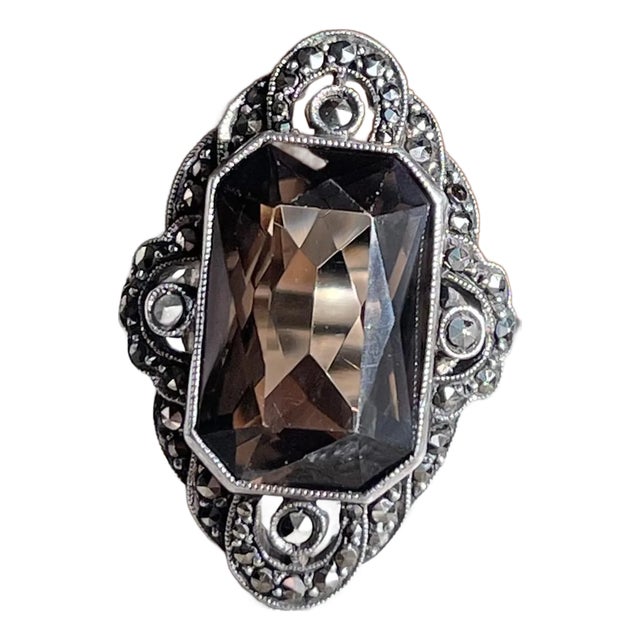 1940s Vintage Silver Marcasite Citrine Ring, Size 8 For Sale
