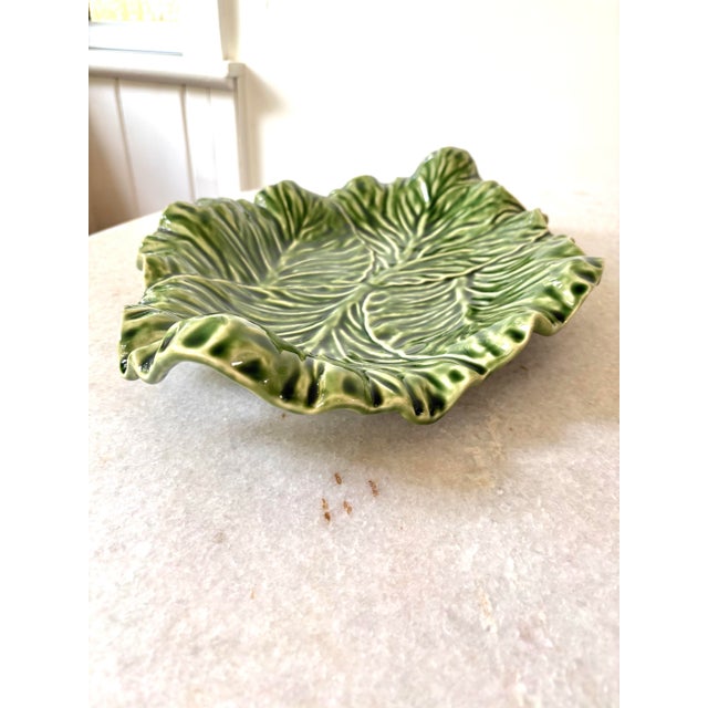 Vintage Portuguese majolica ceramic cabbage leaf serving platter featuring a vibrant green glazed finish and realistic...