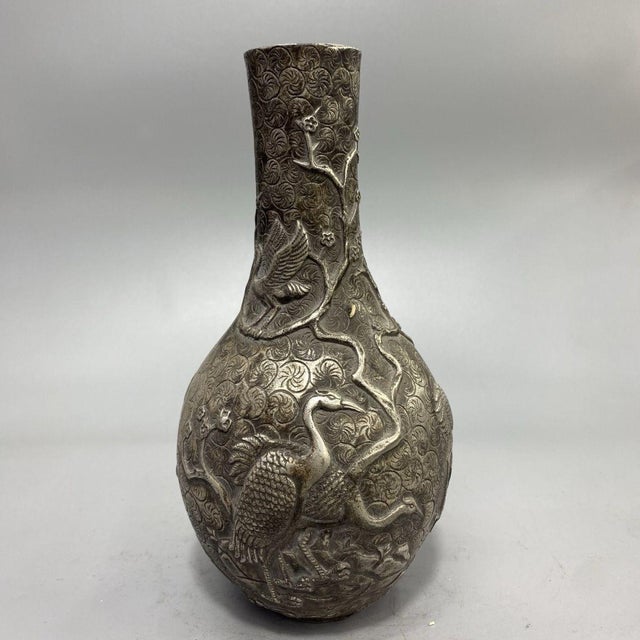 Vintage Silver-Tone Bronze Vase With Crane and Pine Relief - Asian Decorative Object For Sale In Los Angeles - Image 6 of 8