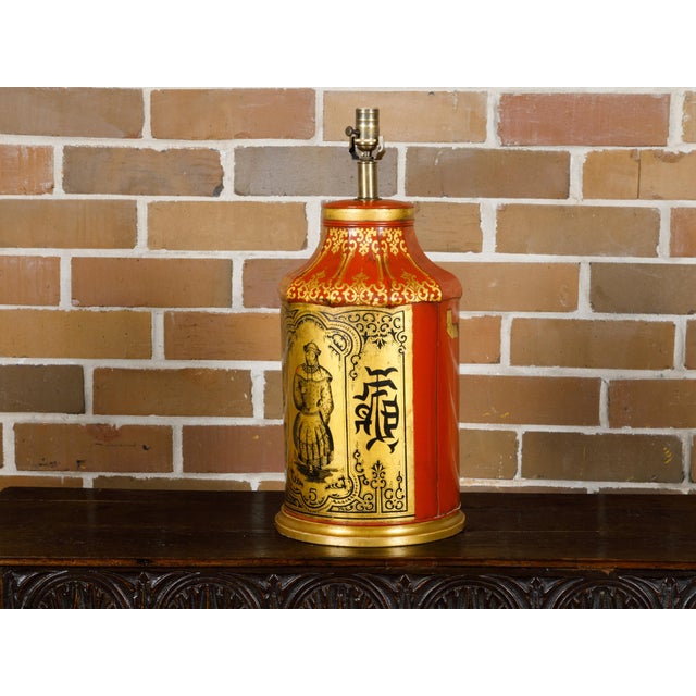 Chinoiserie 19th Century English Chinoiserie Tea Tin Red and Gold Canister Made into a Table Lamp For Sale - Image 3 of 11
