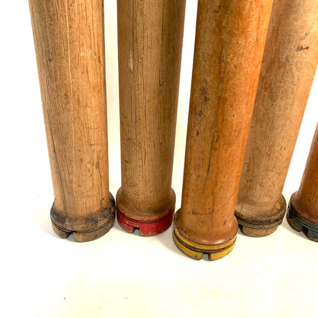 Shabby Chic Industrial Wooden Roving Bobbins Mixed Length Factory Used Circa 1940 Set of 5 For Sale - Image 3 of 10