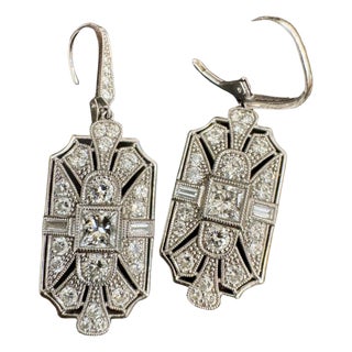 Vintage 3 Ct Round & Princess Shape Diamond Hanging Earring in Platinum For Sale