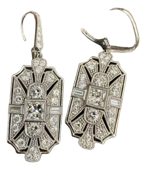 Vintage 3 Ct Round & Princess Shape Diamond Hanging Earring in Platinum