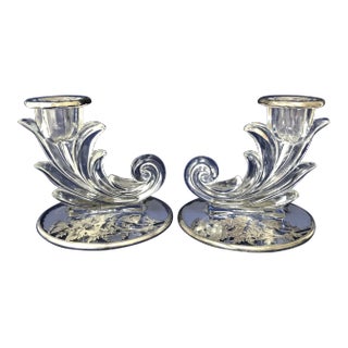 Fostoria Baroque Cornucopia Candlesticks Silver Overlay - A Pair For Sale