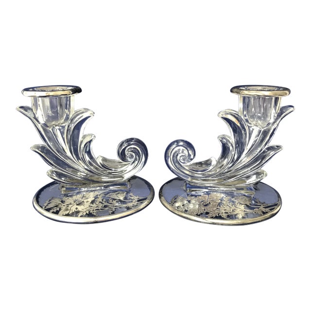 Fostoria Baroque Cornucopia Candlesticks Silver Overlay - A Pair For Sale