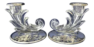 Fostoria Baroque Cornucopia Candlesticks Silver Overlay - A Pair