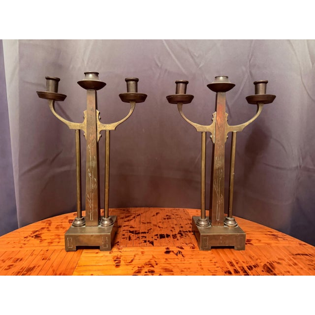 Dutch Amsterdam School Arts and Crafts 1910 Pair of Brass Candleholders For Sale - Image 9 of 15