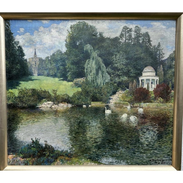 Karl Banďouch, Kassel – Wilhelmshöhe, Hercules Temple with Swans, 1929, Oil Painting on Canvas, Framed For Sale - Image 6 of 13