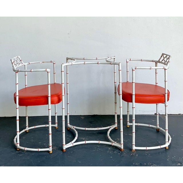 Mid-Century Modern Vintage Faux Metal Bamboo Patio Hollywood Chairs and Table Set For Sale - Image 3 of 16