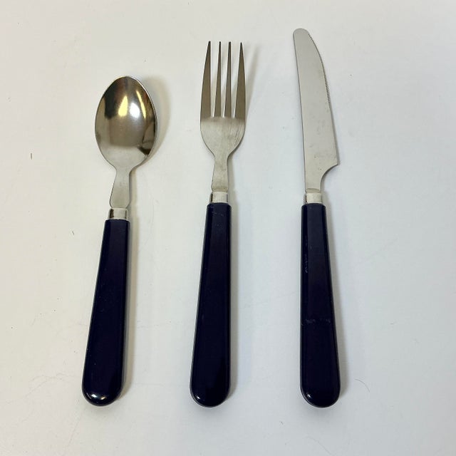 1970s Vintage Contemporary Boho Chic Navy Stainless Steel Flatware - Set of 36, Service for 12 For Sale - Image 10 of 10