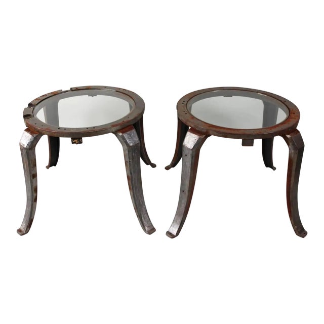Pair of Industrial Glass Top Tables Circa 1940s For Sale