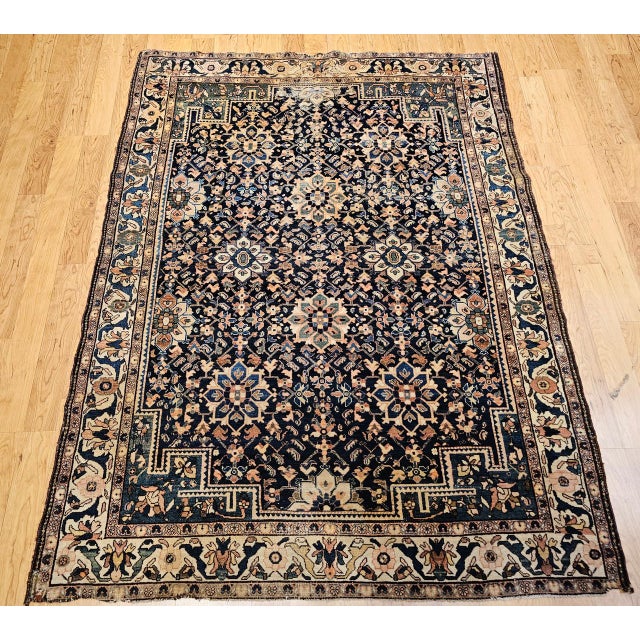 Vintage Persian Malayer Area Rug, Hand-Knotted Wool, Geometric Pattern, 5x7, Navy & Ivory For Sale - Image 17 of 18