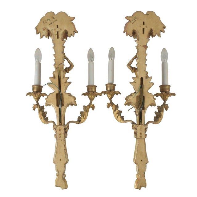 Wood Mid 20th Century Italian Carved Gilt Wood Monkey Wall Sconces, a Pair For Sale - Image 7 of 9