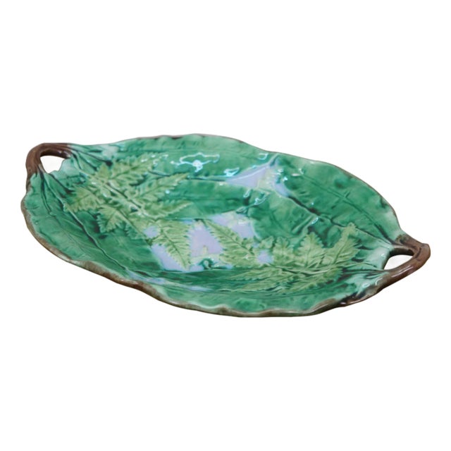 Antique English Majolica Porcelain Handled Fern Leaf Plate Platter 12" For Sale