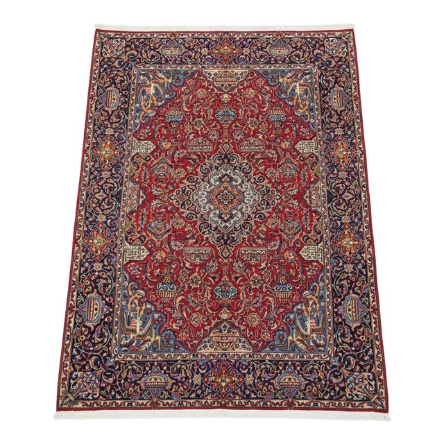 Vintage Persian Isfahan Rug – Floral Medallion, Red & Blue Accents For Sale