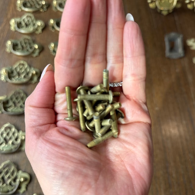 Metal Set of 24 Vintage Solid Brass Chippendale Drawer Pulls — Pierced Federal Revival Hardware For Sale - Image 7 of 11