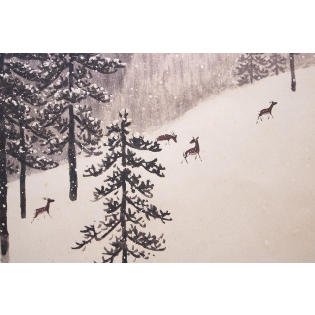 Japanese Large Showa Era Japanese Monochrome Print, Mountain Landscape With Deer For Sale - Image 3 of 9