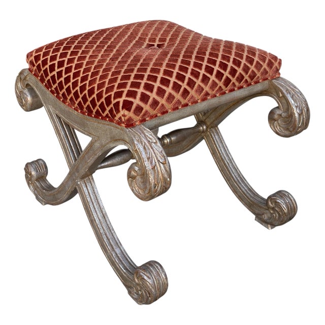 Nancy Corzine Saber Leg Giltwood X Bench W Red Silk Cut Velvet Fabric For Sale