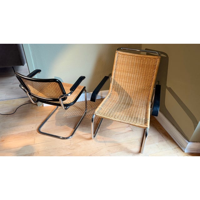 Mid-Century Modern Rattan B35 Cantilever Chair and B64 Viennese Wicker Armchair by Marcel Breuer for Thonet, Set of 2 For Sale - Image 3 of 18
