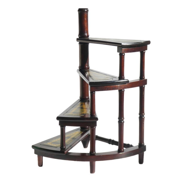 Victorian Wooden Library Stairs in Green Leather, 1940s For Sale