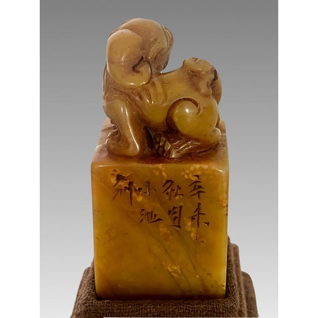 Mid 20th Century Old Chinese Shoushan Stone Pi Xiu Dragon Seal, Stamp, Tianhuang, Raw Silk Stand & Wood Box For Sale - Image 5 of 15