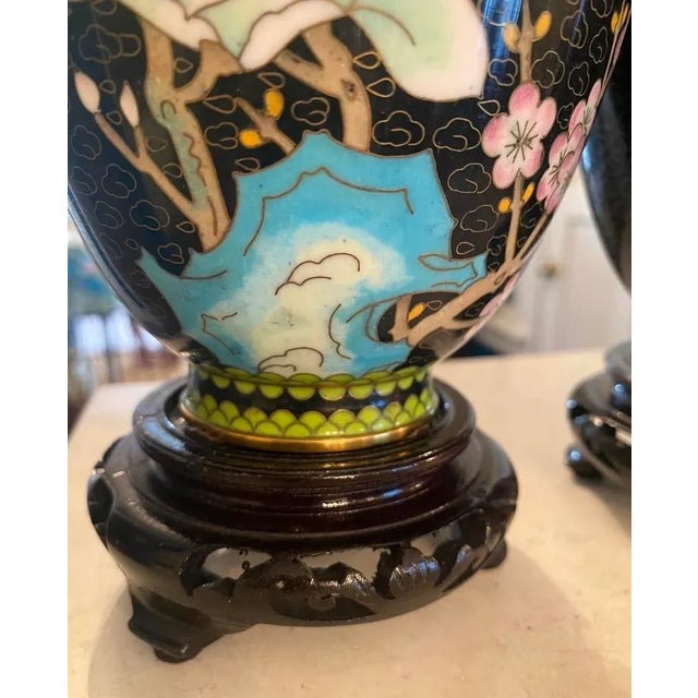 Black Pair of Late 20th Century Black Cloisonné Vases With Pink Roses For Sale - Image 8 of 12
