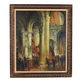 Vintage Signed Museum Interior Architectural Oil Painting For Sale