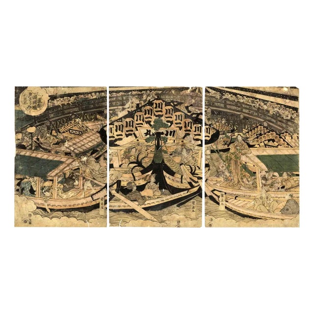 Katsuda Kunihisa, View of the Fireworks, Woodcut Print Triptych, 1890s For Sale