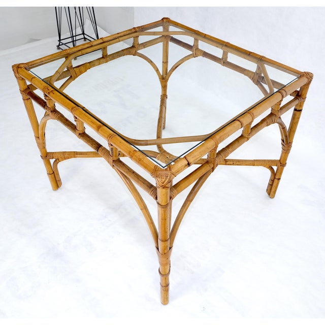 Glass Top 34" Square Mid Century Modern Burnt Bamboo Game Dinette Table MINT For Sale - Image 16 of 17