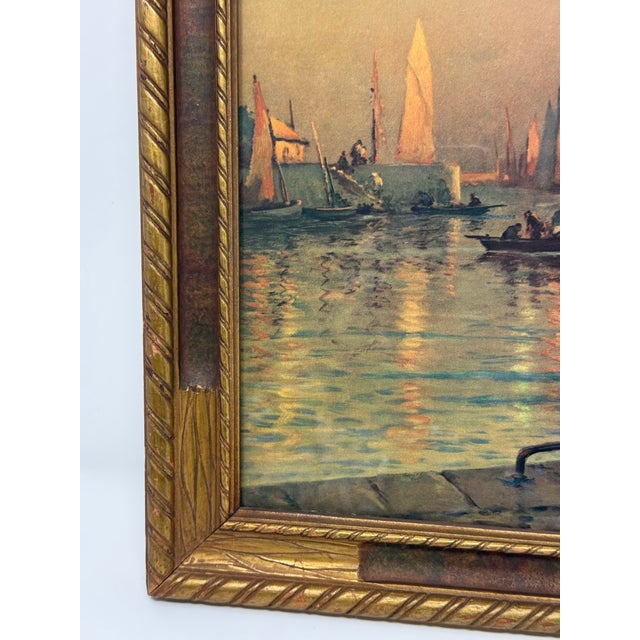 French Antique Georges Maroniez “Fishing Port at Twilight” Maritime Print in Gilt Frame For Sale - Image 3 of 12