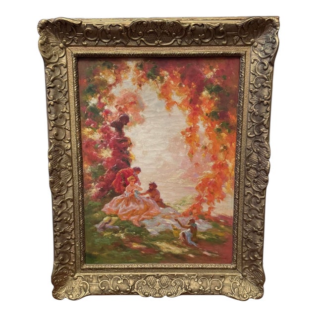Antique Ornate Gilt Framed Impressionistic Oil Painting on Canvas Landscape Genre Scene Signed For Sale