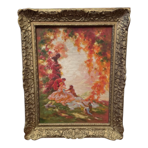 Antique Ornate Gilt Framed Impressionistic Oil Painting on Canvas Landscape Genre Scene Signed