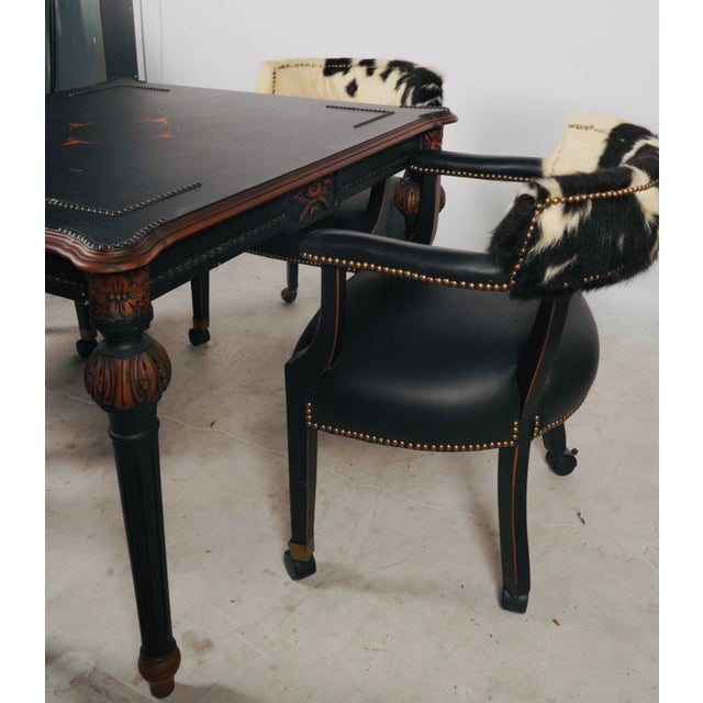 Late 20th Century Hooker Furniture Ebonized Leather Games Table & Four Cowhide Armchairs For Sale - Image 15 of 17
