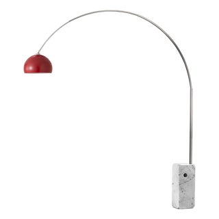 95" Nova of California Iconic Half Dome - Modern Arc Lamp, Crimson Red Shade, Satin Nickel Steel, White Marble Base, Dimmable For Sale
