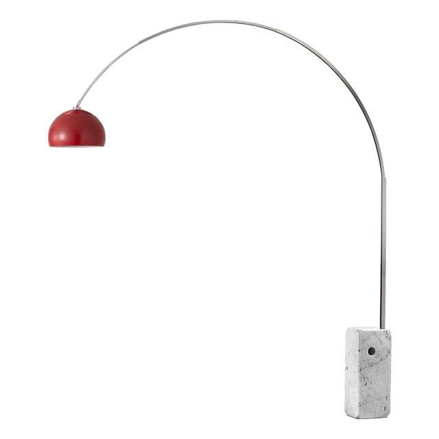 95" Nova of California Iconic Half Dome - Modern Arc Lamp, Crimson Red Shade, Satin Nickel Steel, White Marble Base, Dimmable For Sale