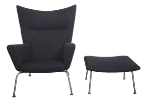 Set of Wingchair with Ottoman in Grey Fabric by Hans Wegner, 2019