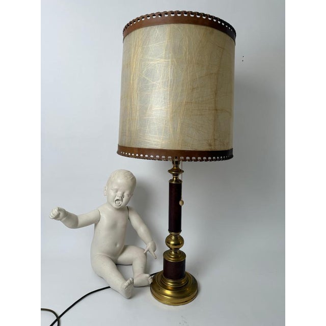 Hollywood Regency Large Hollywood Regency Leather and Brass Table Lamp, 1960s For Sale - Image 3 of 18
