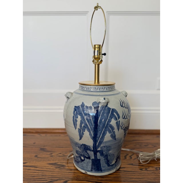 Textile Chinoiserie Hand Painted Ceramic Ginger Jar Dragon Lamp With New Silk Shade For Sale - Image 7 of 7