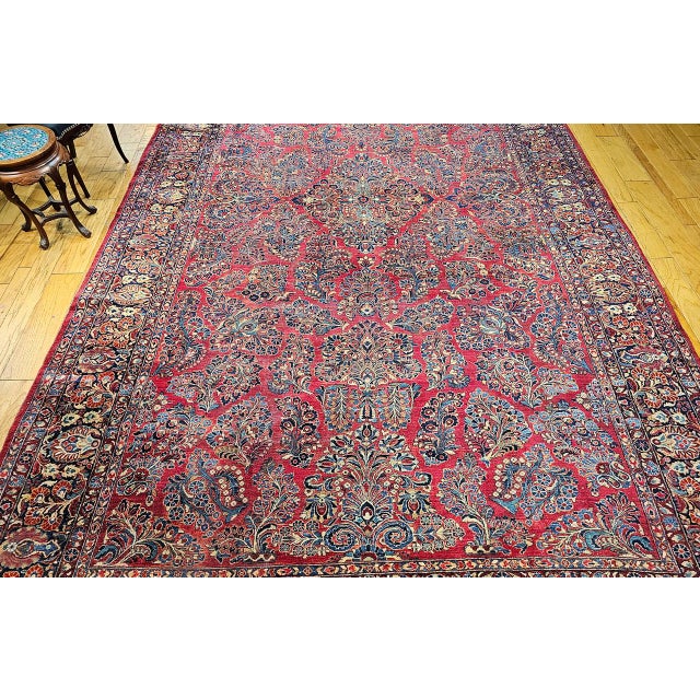 Red Vintage Oversized Persian Sarouk Rug in Allover Floral Bouquets in Red, Navy, French Blue For Sale - Image 8 of 18