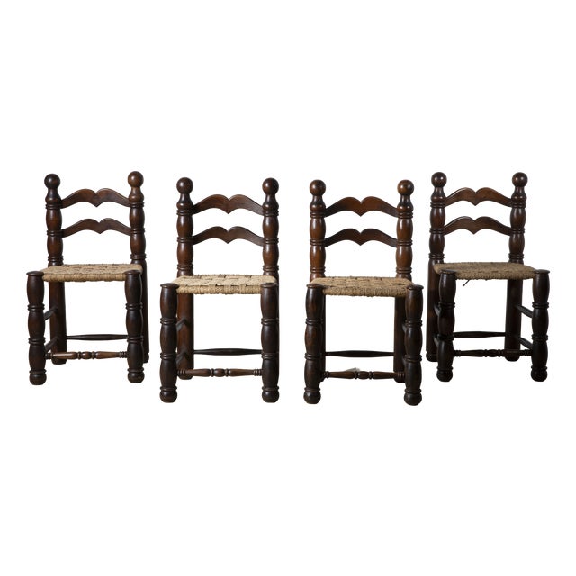 Woven Straw Dining Chairs in the style of Charles Dudouyt, France, 1940s, Set of 4 For Sale