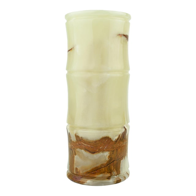Late 20th Century Modern Cylinder Bamboo Design Carved Solid Onyx Stone Vase For Sale