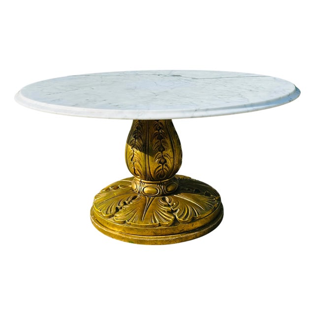 1960s Conmar Italian Hollywood Regency Coffee Table With Carrara Marble Top | Hand-Carved Giltwood Acanthus Pedestal | Made in Italy For Sale