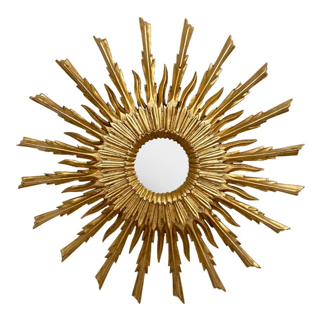Mid 20th Century Sunburst Carved Golden Mirror For Sale