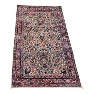 Vintage Persian Kerman Lavar Area Rug, Handwoven Floral Pattern, Ivory & Blue, 3’ X 5’ For Sale